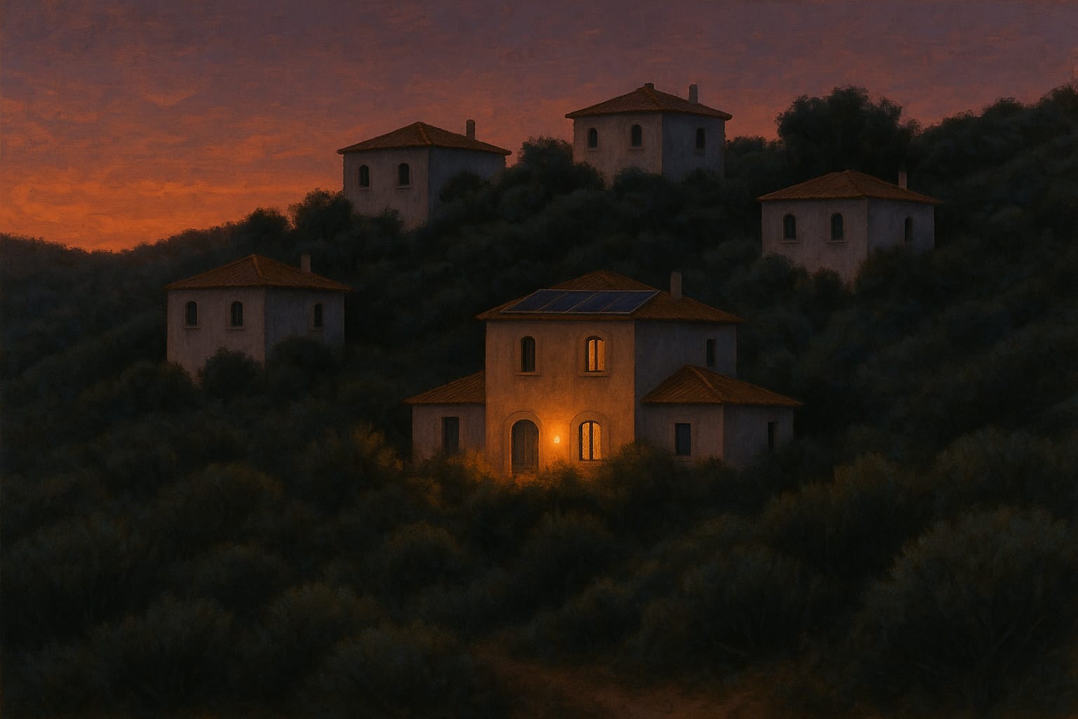 Villa équipée de panneaux solaires éclairée la nuit pendant une coupure de courant, tandis que les villas voisines sont dans le noir